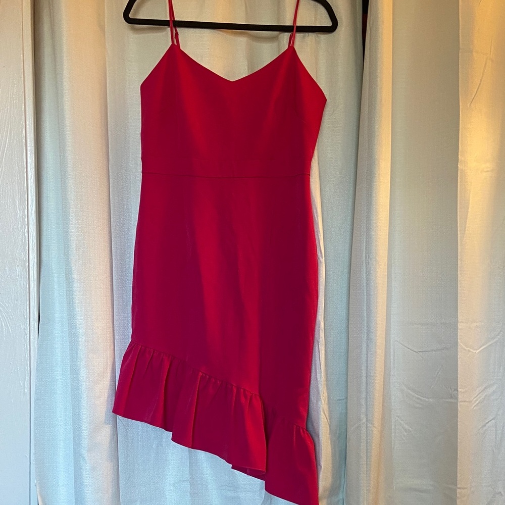 Fushia Pink Spaghetti Strap Asymmetric Ruffle Dress